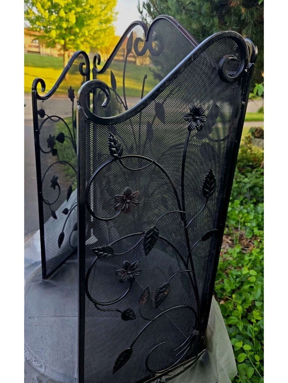 Vintage Black Iron Fireplace Screen, Mesh Backing Embellishment Limbs & Leaves